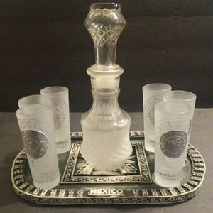 Mayan 6 Shot Glass, Decanter and Tray Cozumel Mexico